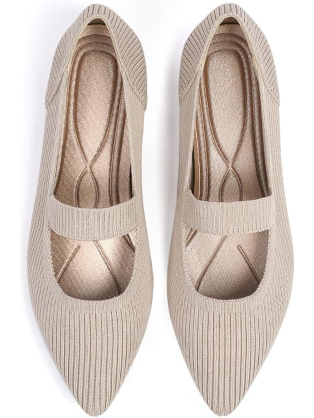 Women's Beige Knit Mary Jane Flats Pointed Toe Pull On Comfortable Flats Shoes
